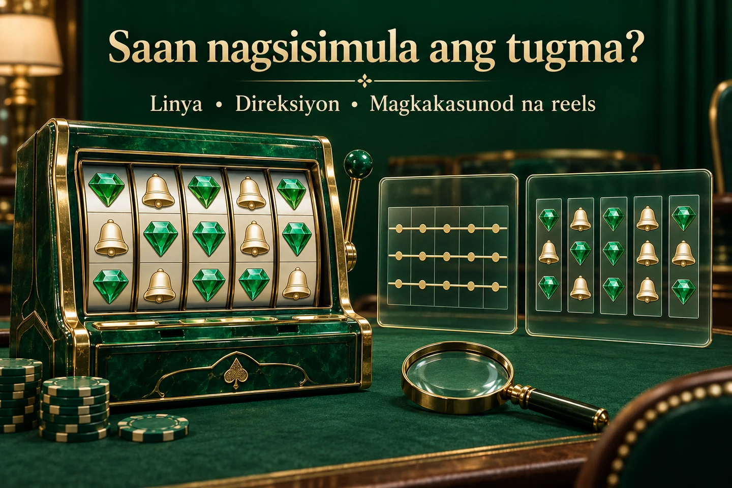 Legendary emerald slot cabinet and analysis panels for line paths and separate reels.