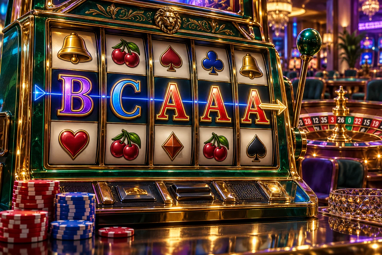 Fictional five-reel payline B, C, A, A, A with directional markers.