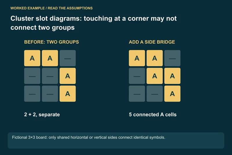 Original grid, side-only rule: Two A cells + two A cells = two separate groups; Corner contact: Does not connect the groups in this model; Add A at row 2, column 2: One side-connected group of five