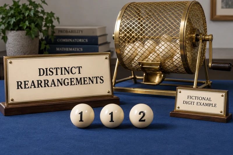 Fictional lottery balls 1, 1, 2 beside a DISTINCT REARRANGEMENTS teaching plaque