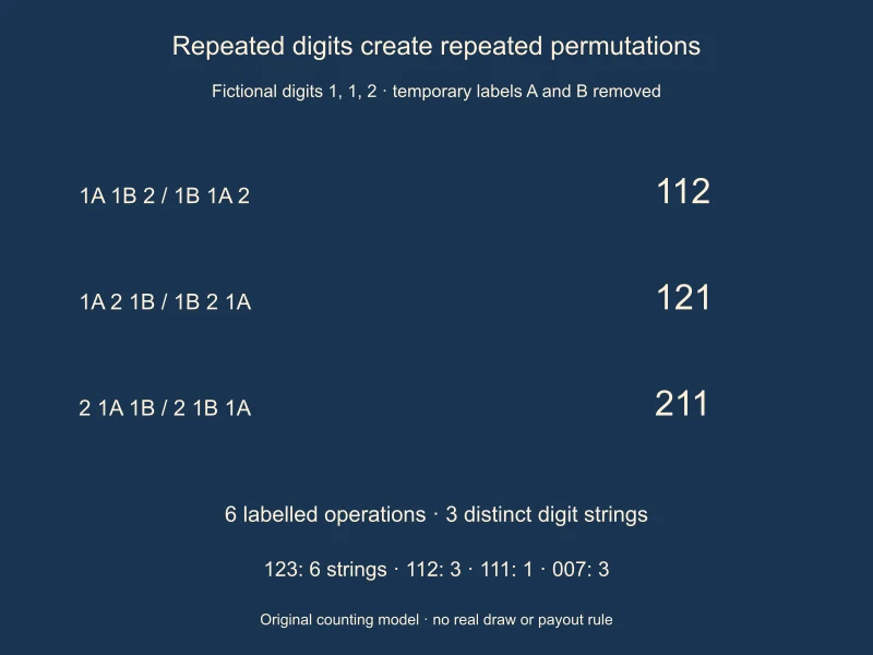 Three distinct rearrangements of 112 are 112, 121 and 211; six labelled permutations contain each string twice