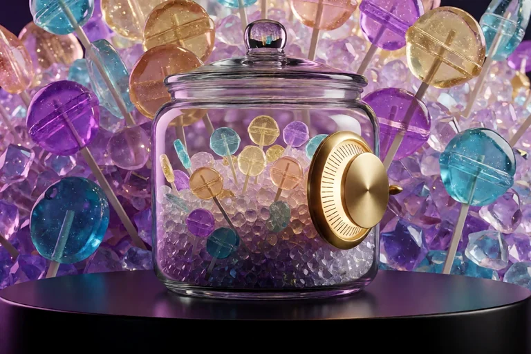 Glass candy jar with a brass multiplier dial, set on a dark stage among lollipop-shaped gold and jewel-coloured tokens.