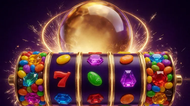 A polished golden sphere glowing above slot reels filled with jelly beans and gemstones, with sparks and rings of light