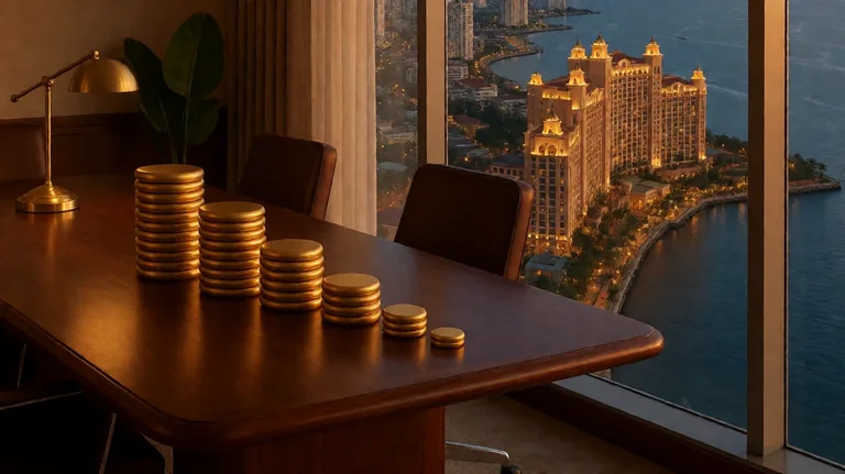 A dark wood boardroom table with six stacks of plain golden tokens arranged from tall to short, beside a window overlooking lit resort towers on a bay at dusk