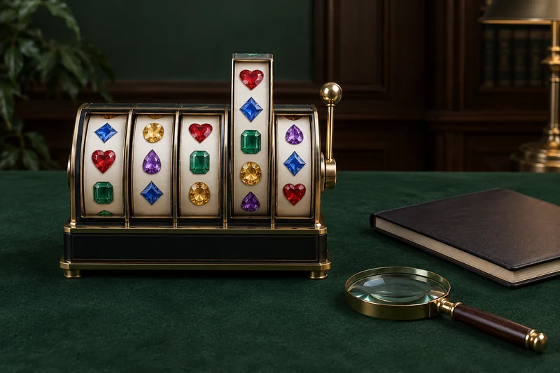 An original expanding-reel slot model beside a blank notebook and magnifying glass.